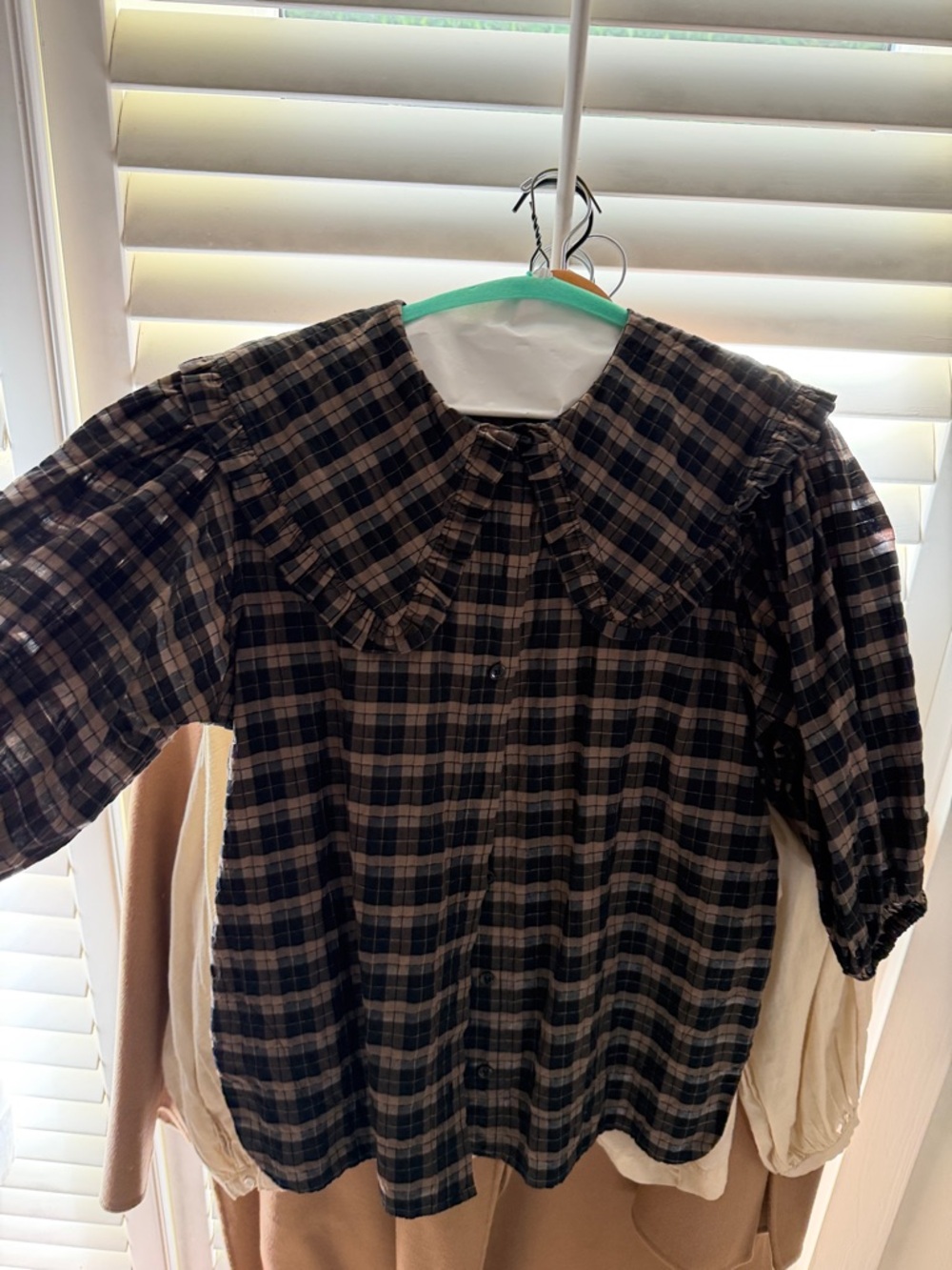 Ganni Black and Brown Plaid Ruffle Collar Blouse